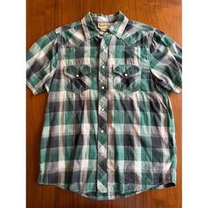 Roebuck & Co Green Plaid Pearl Snap Short Sleeve Western Shirt - Size M